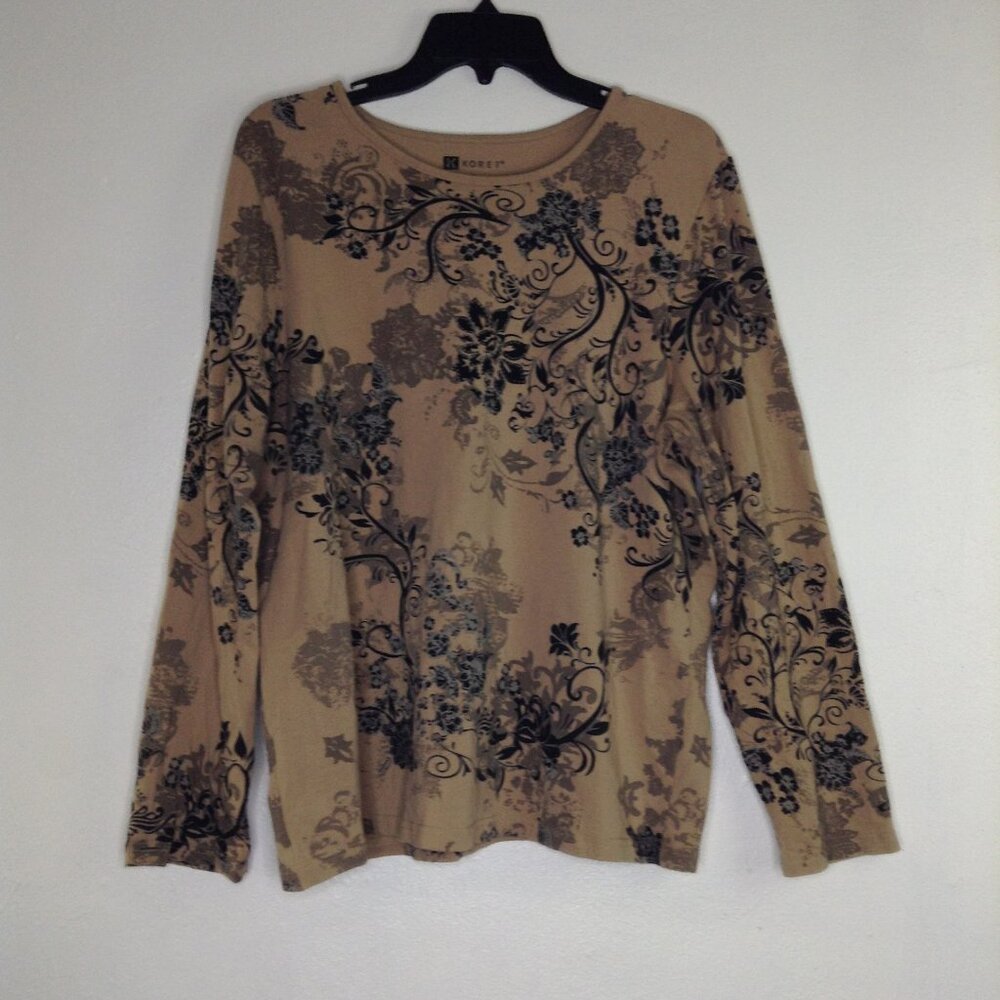 Koret Sweater Women XL Beige Tan Leaf Print  Pull Over Round Neck Cotton Blend